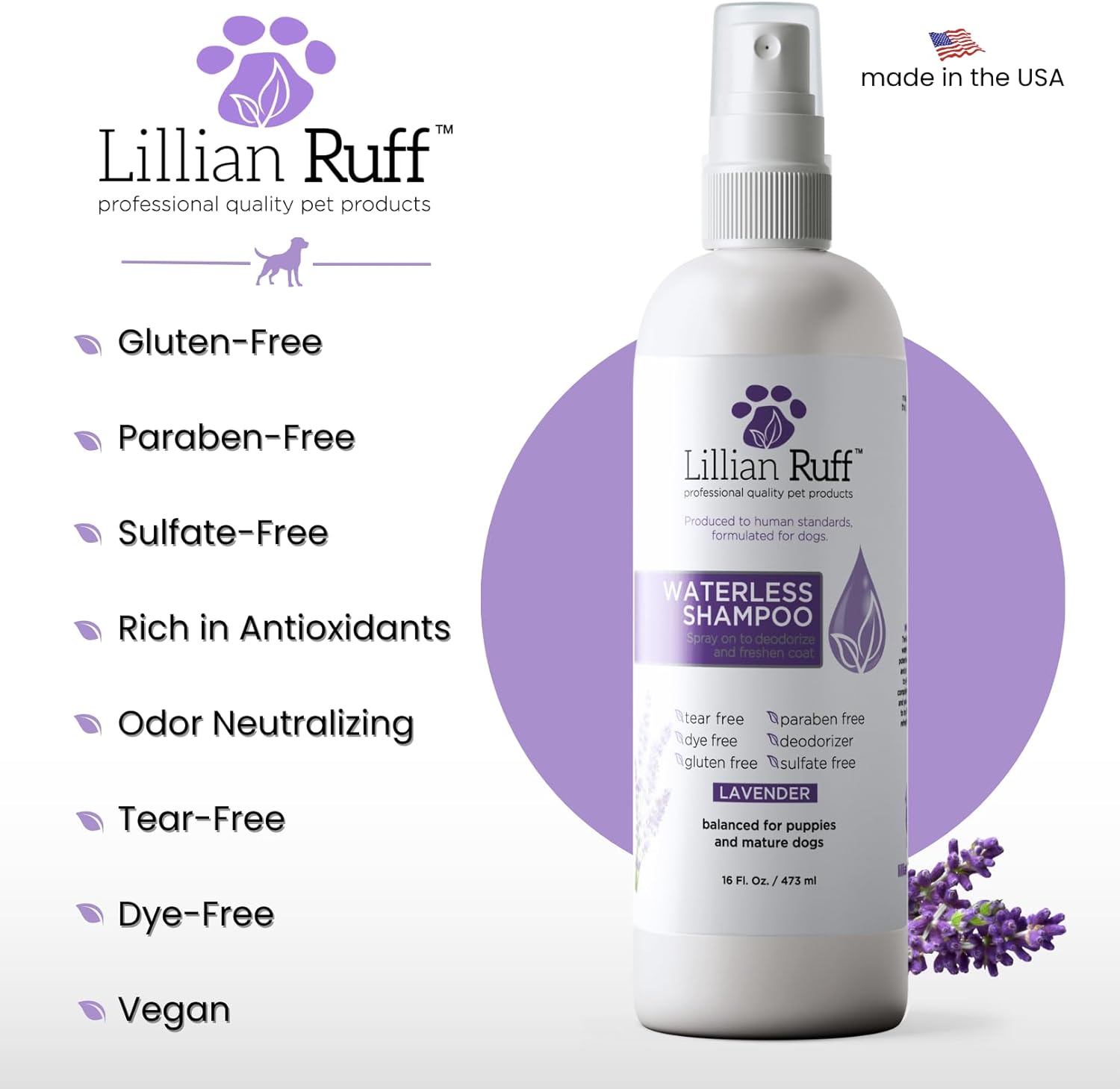 Waterless No-Rinse Dog Dry Shampoo Spray with Hydrating Essential Oils - Ph-Balanced Dry Shampoo for Dogs - Clean, Condition, Detangle & Deodorize Dry, Sensitive Skin (Lavender)